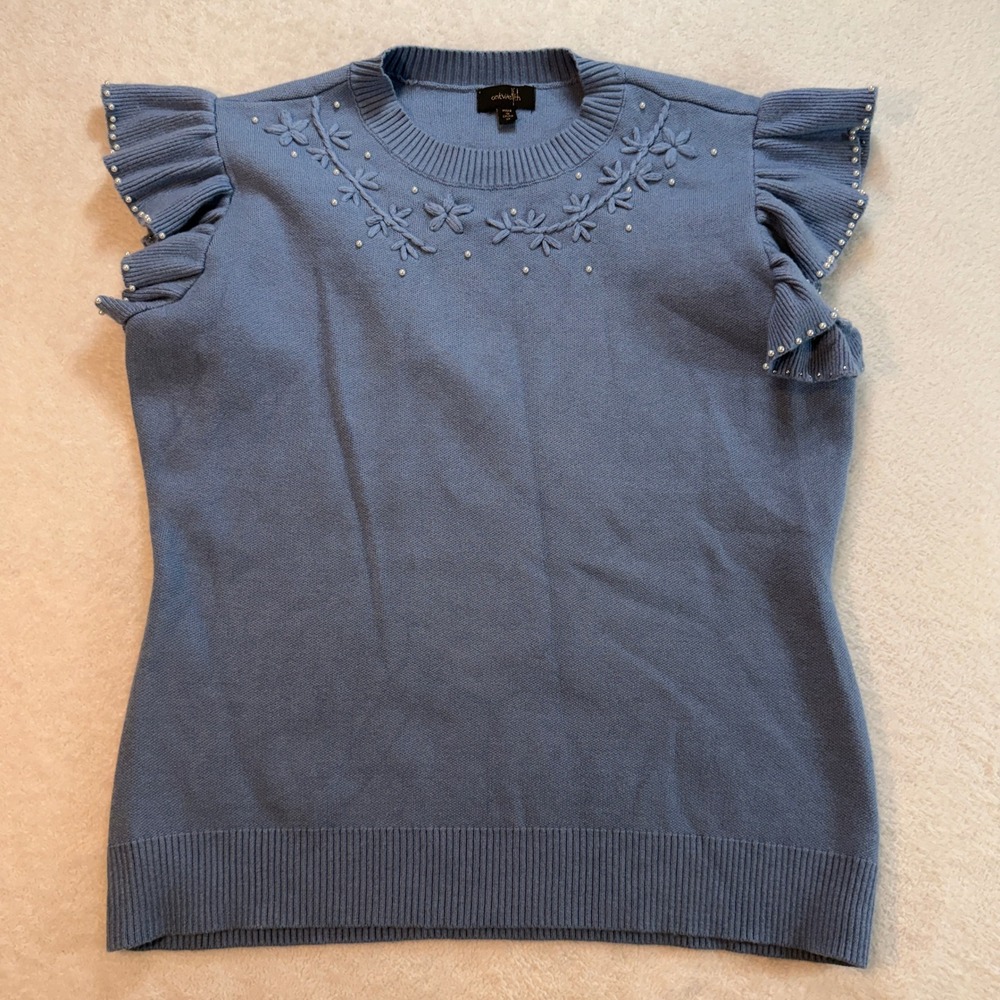 Ontwelfth Blue Ruffle Sleeve Embroidered Pearl Knit Top XL 1229524BR